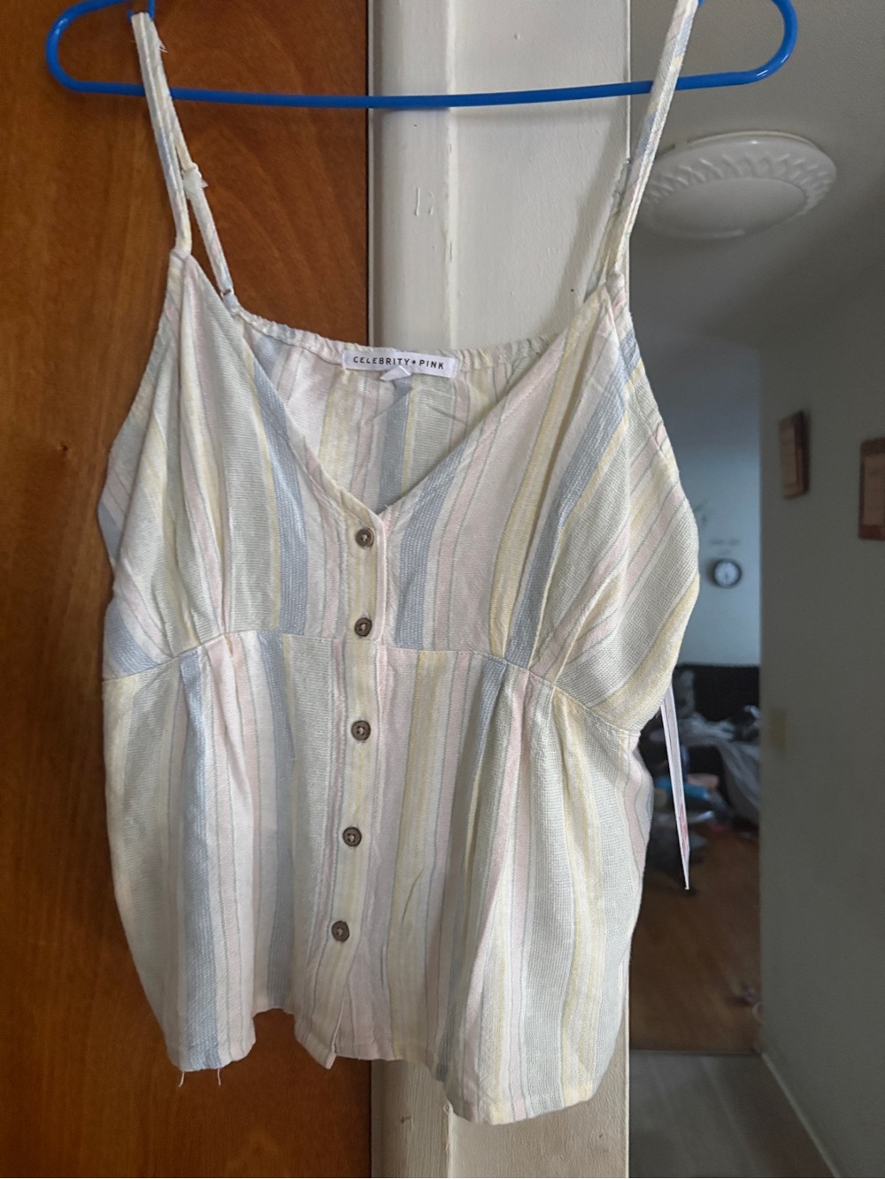 Celebrity Pink Pastel Yellow Blue Pink Striped Button-Front Cami